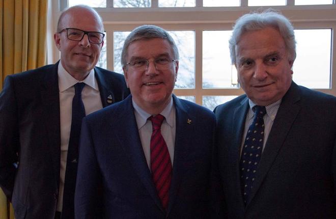 (from left to right) World Sailing President Kim Andersen, IOC President Thomas Bach and ASOIF President Francesco Ricci Bitti © Daniel Smith / World Sailing